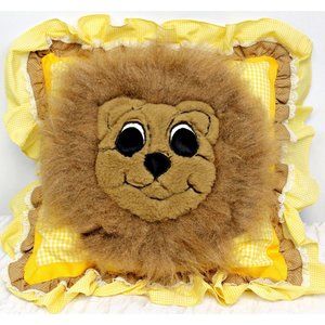 Vtg 70's 80's Hand Made Plaid Yellow Pillow 12" Faux Fur Lion Face Ruffle Trim